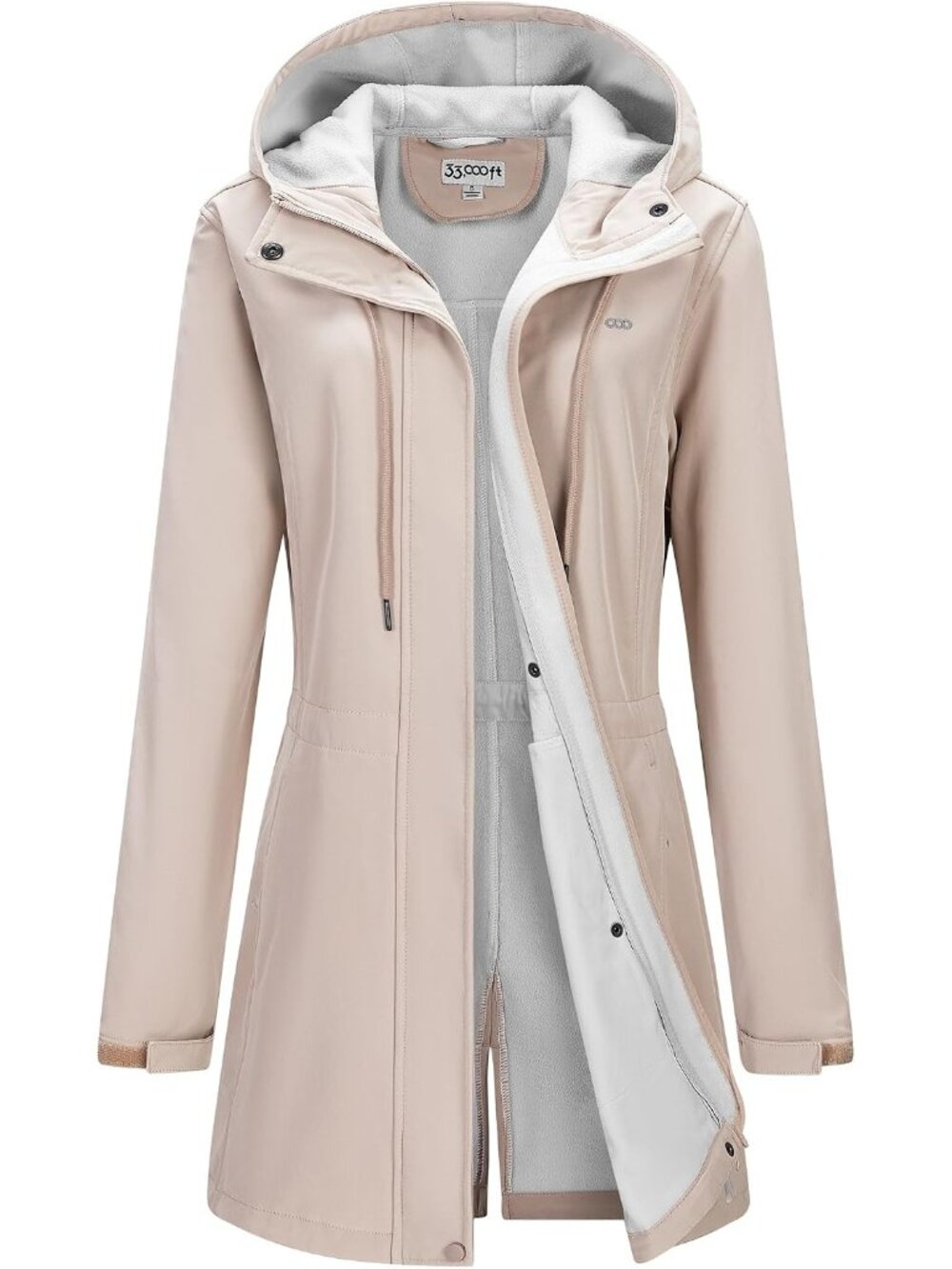 Women's Apricot Fleece Lined Waterproof Zip Up Softshell Long Trench Parka Coat